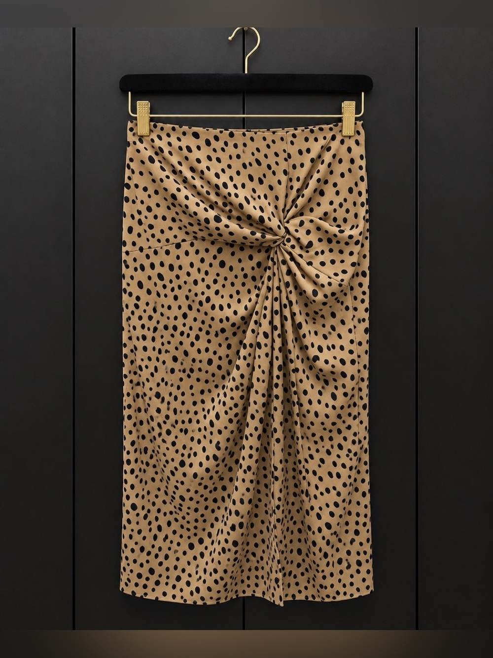 Stateside Beige Midi Skirt with Black Spot Print and Twist Detail